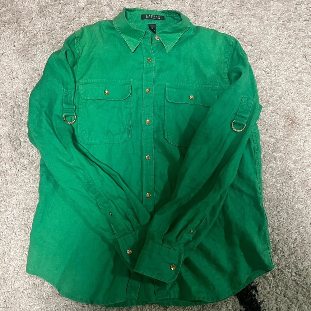 Vibrant Green Shirt with Gold Buttons